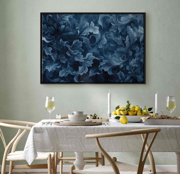 Floating Framed Canvas Art - Abstract Dark Blue Victorian Leaves