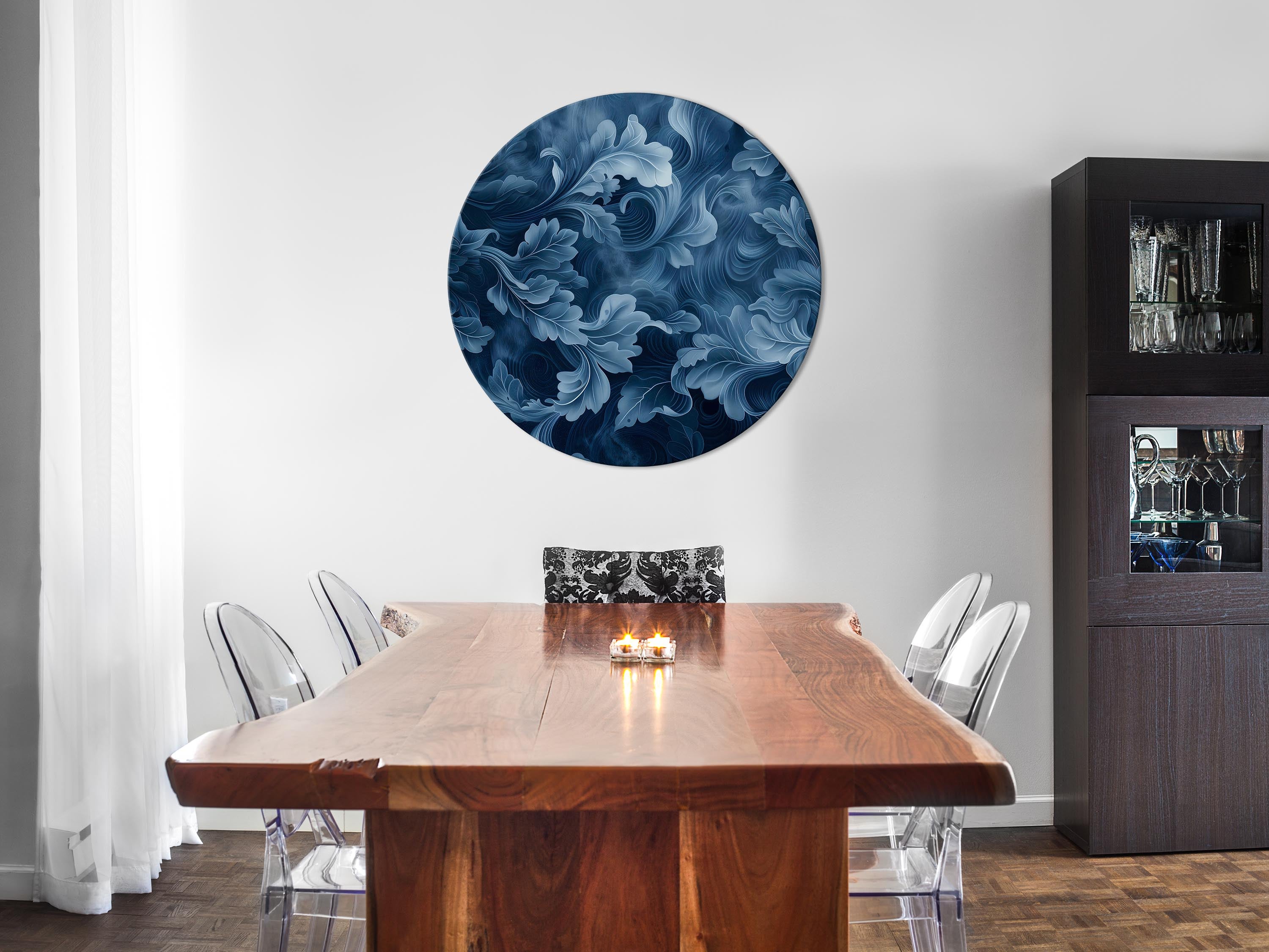 Round Canvas Print - Abstract Ornaments Dark Blue Victorian Leaves