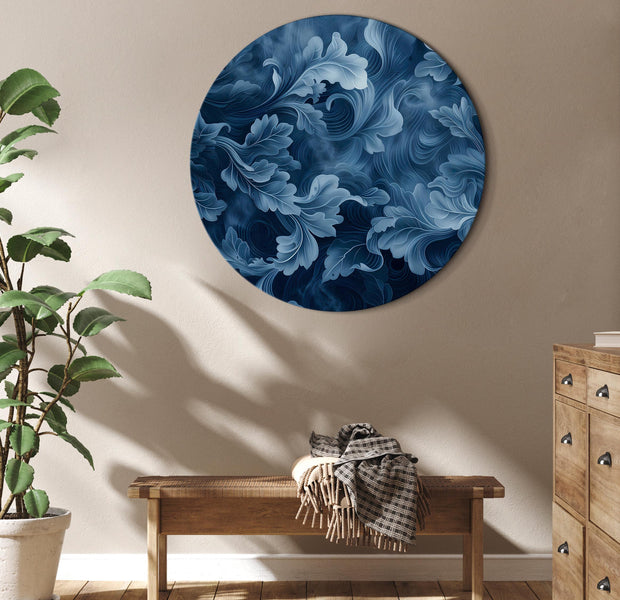 Round Canvas Print - Abstract Ornaments Dark Blue Victorian Leaves