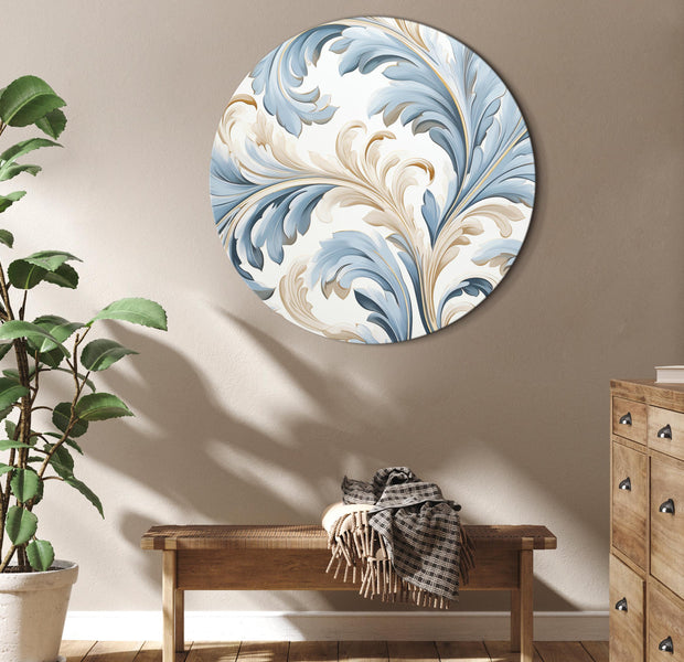 Round Canvas Print - Baroque Ornaments in Light Cream-Blue Hues