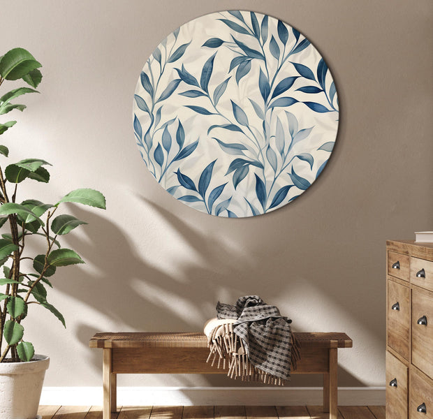 Round Canvas Print - Leaves in Blue Colors Delicate Botanical Motif