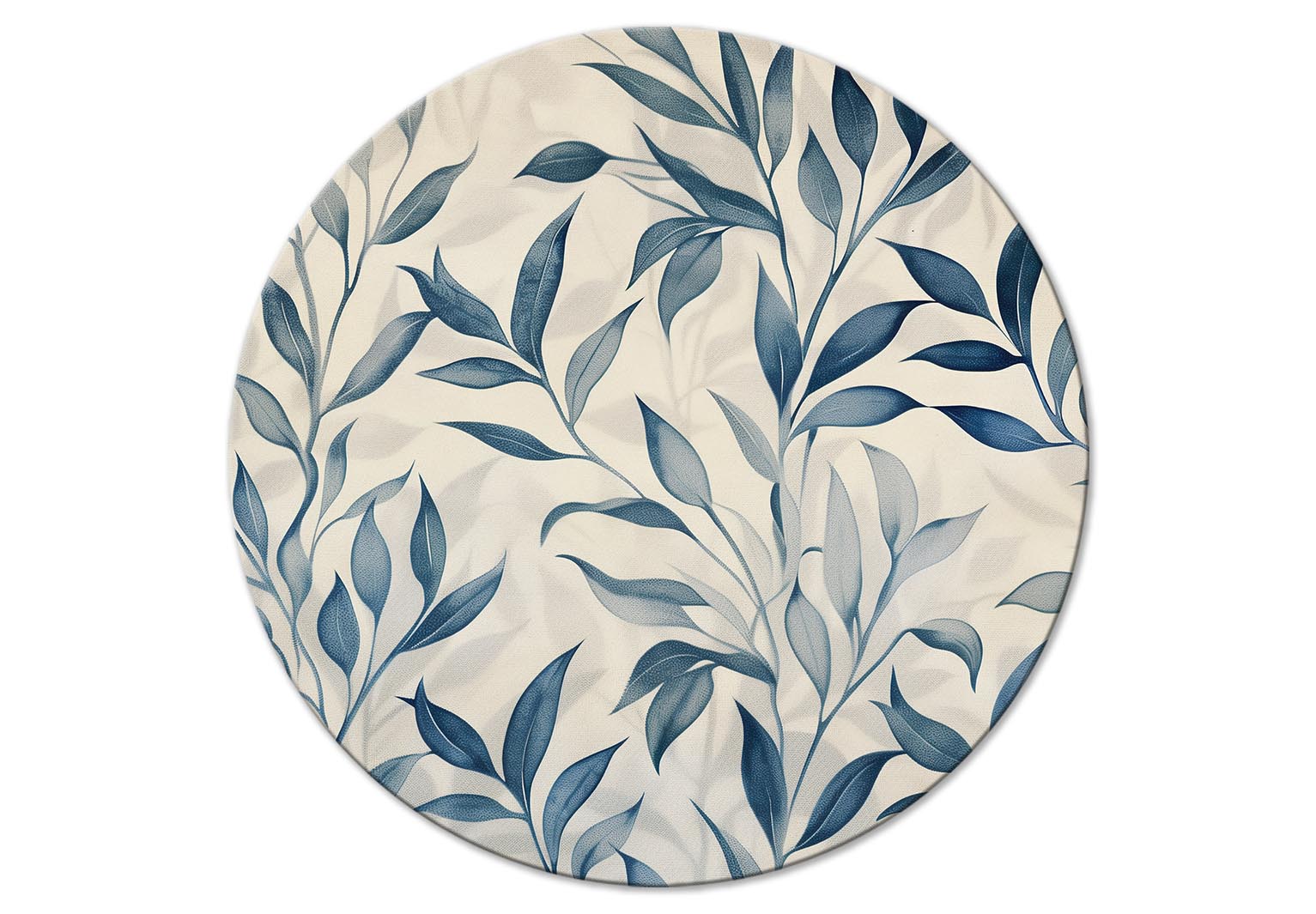 Round Canvas Print - Leaves in Blue Colors Delicate Botanical Motif