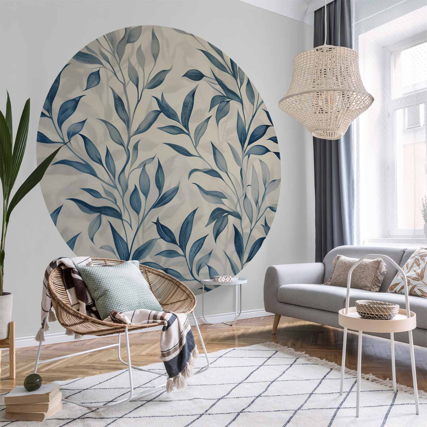 Round Wall Mural - Delicate Botanical Motif With Blue Leaves