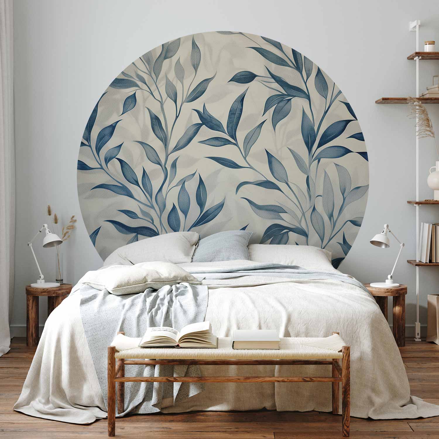 Round Wall Mural - Delicate Botanical Motif With Blue Leaves