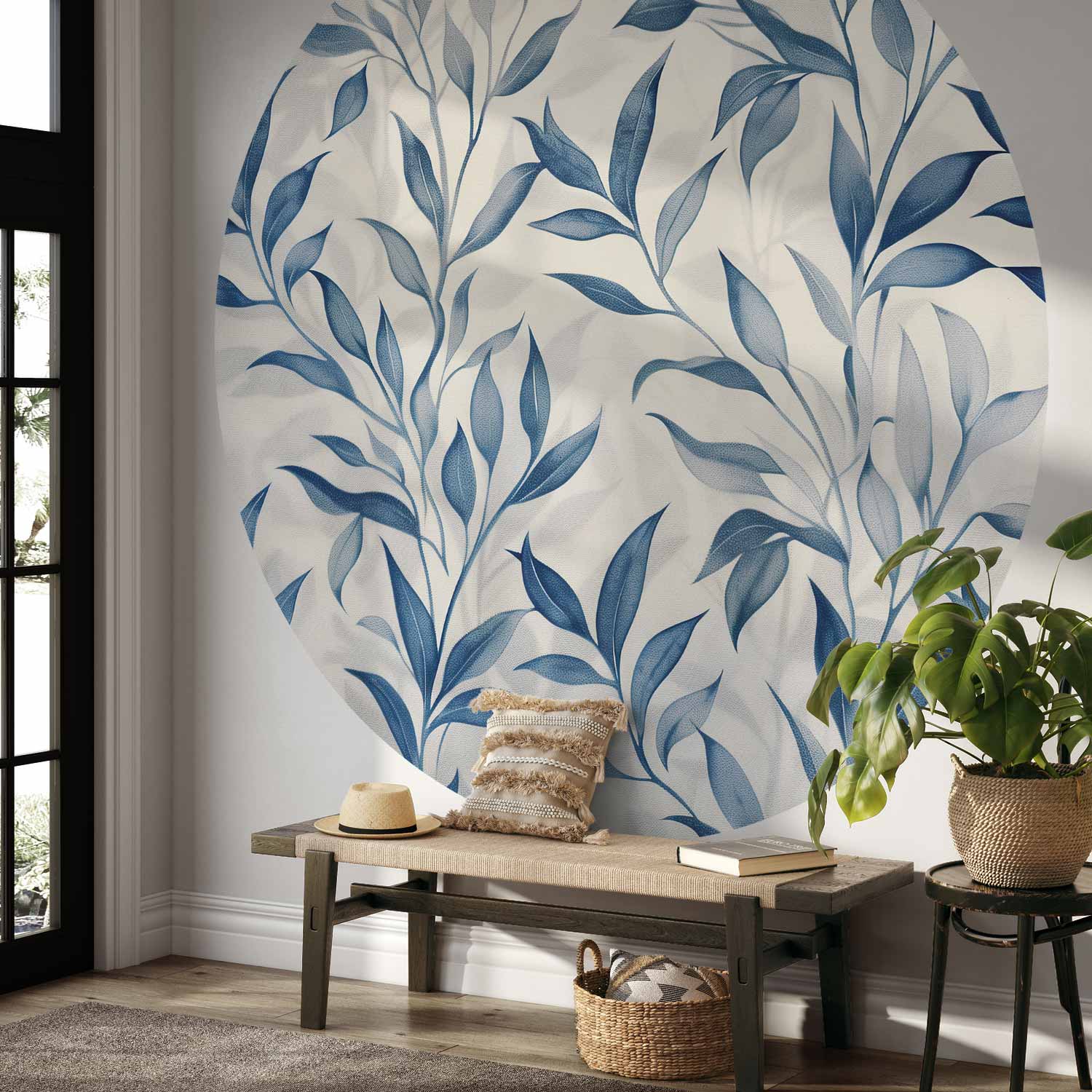 Round Wall Mural - Delicate Botanical Motif With Blue Leaves