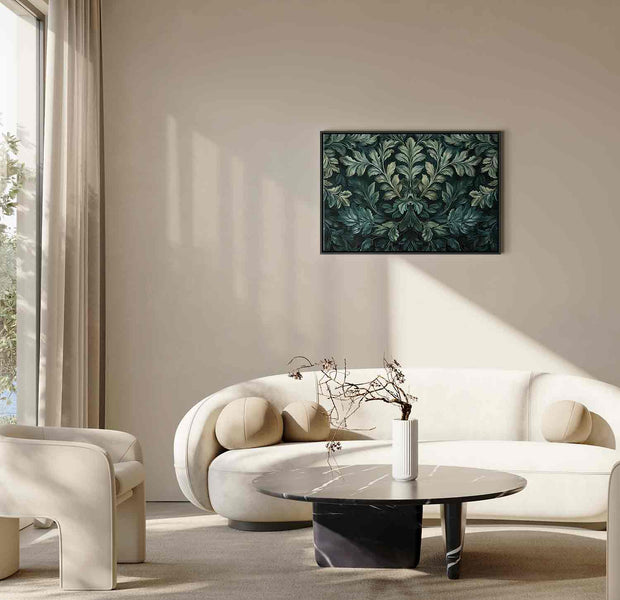 Floating Framed Canvas Art - Dark Green Victorian Leaves