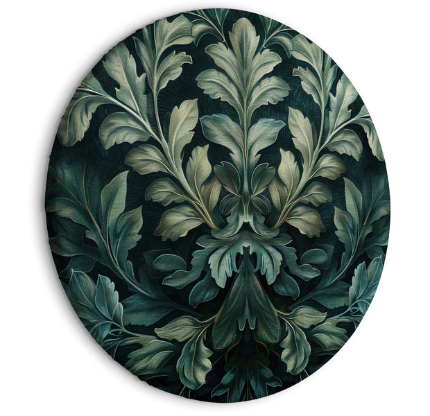 Round Canvas Print - Dark Green Victorian Leaves: Botanical Carved Composition