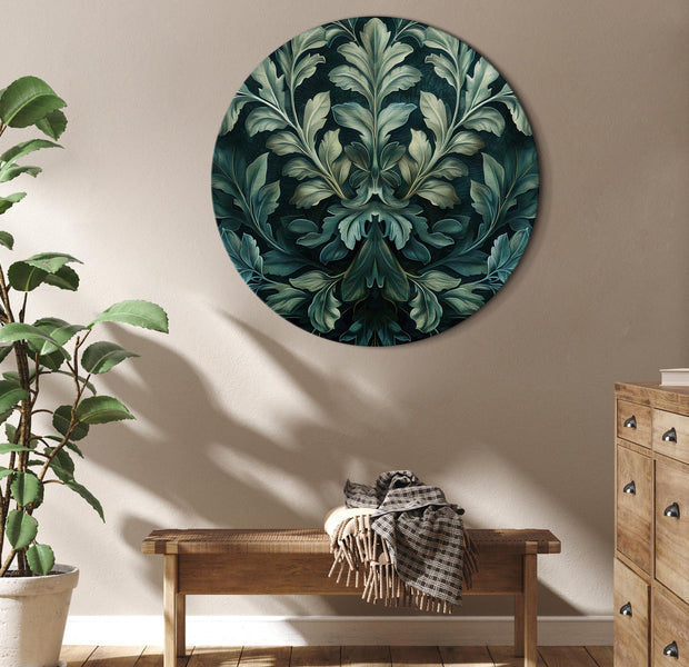 Round Canvas Print - Dark Green Victorian Leaves: Botanical Carved Composition