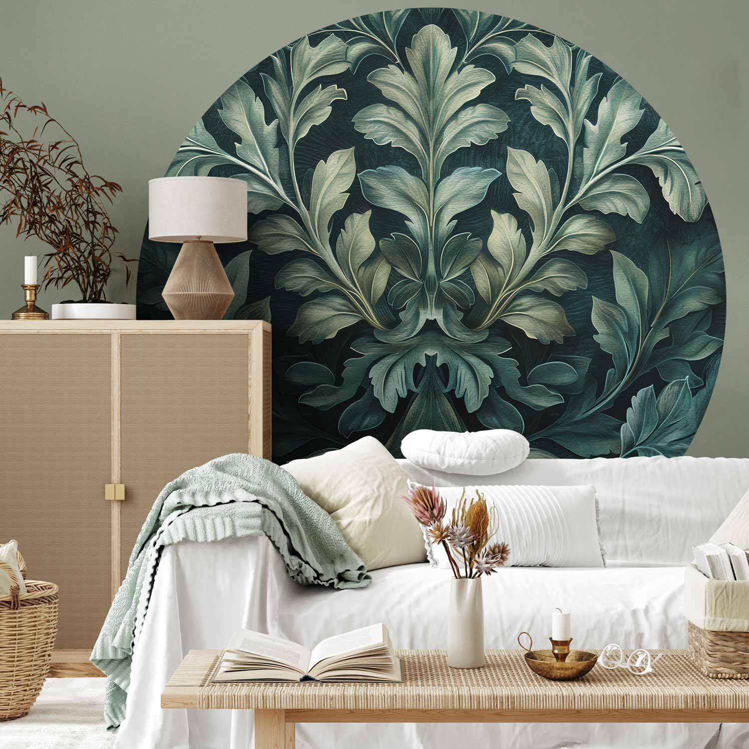 Round Wall Mural - Victorian Leaves In Dark Greens