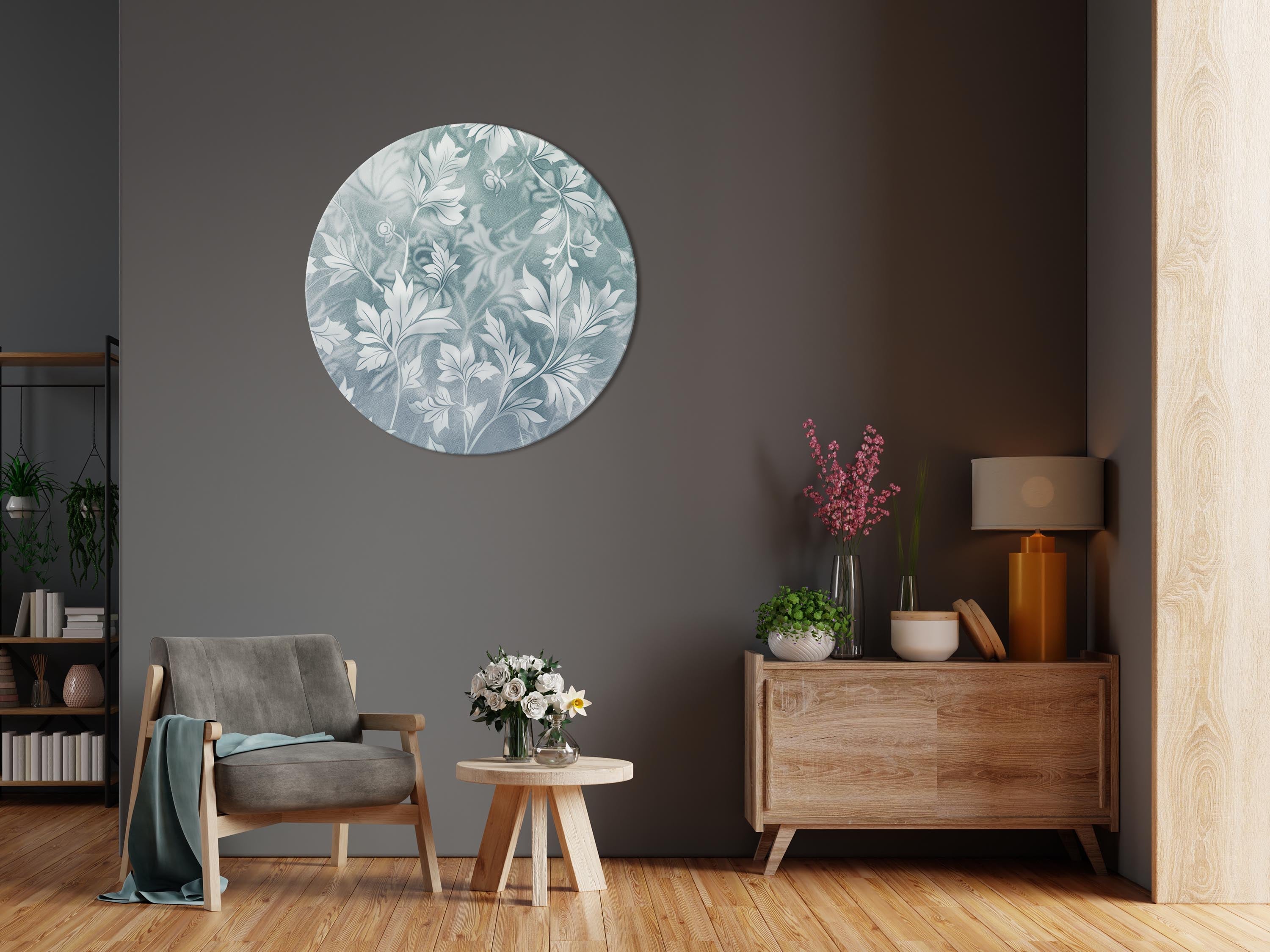 Round Canvas Print - Ornaments in Worn Muted Turquoises: Delicate Plant Pattern