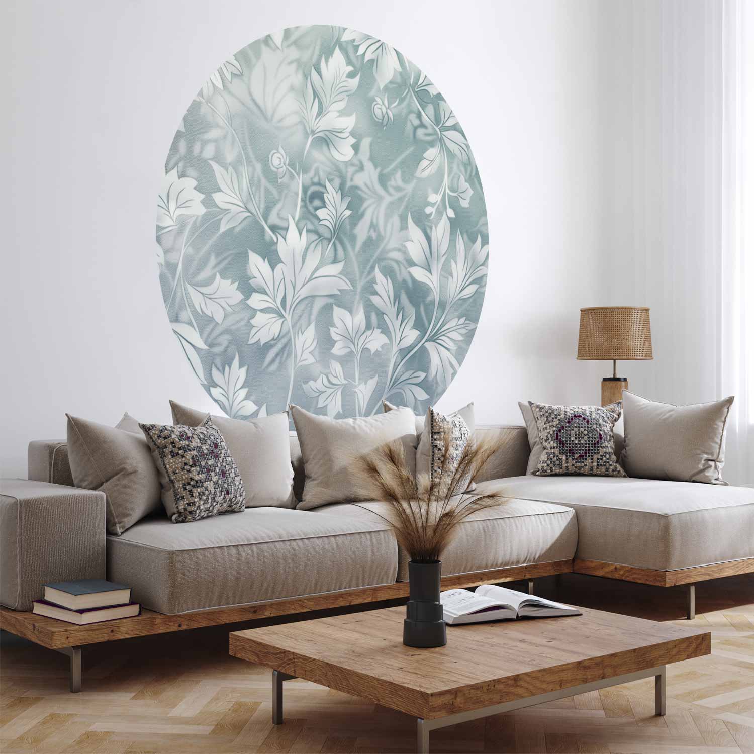 Round Wall Mural - Distressed Floral Patterns In Muted Turquoises