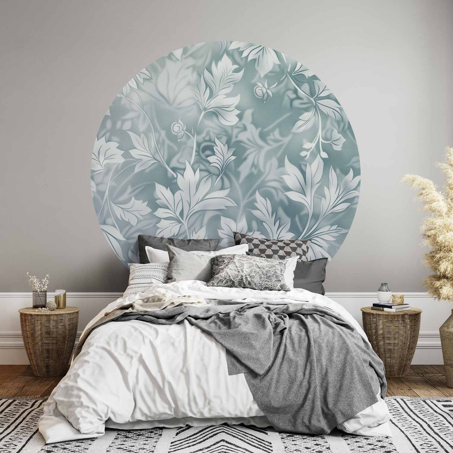 Round Wall Mural - Distressed Floral Patterns In Muted Turquoises