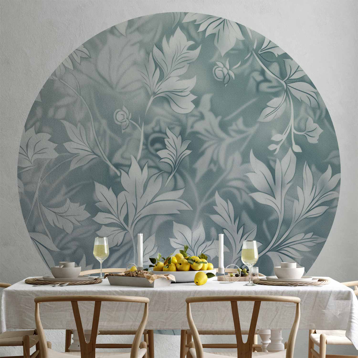 Round Wall Mural - Distressed Floral Patterns In Muted Turquoises