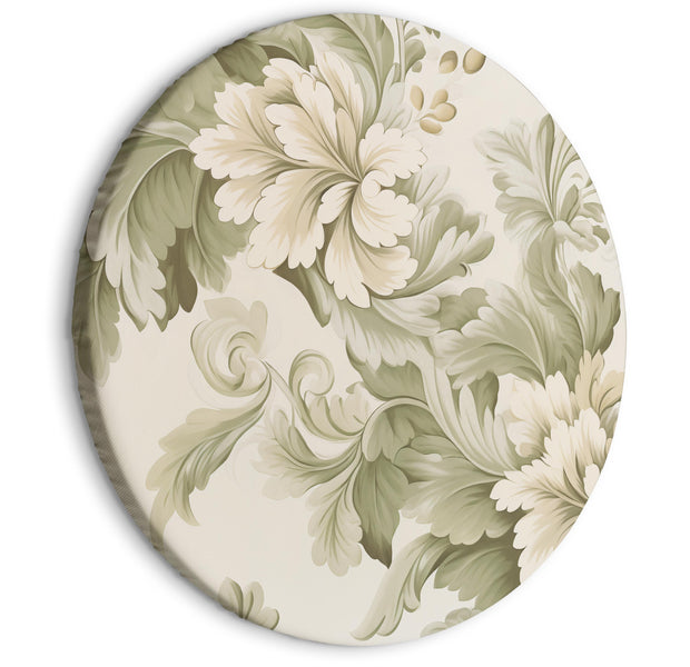 Round Canvas Print - Retro Vintage Flowers in Delicate Cream and Green Colors