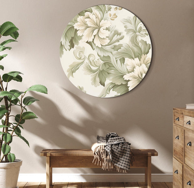 Round Canvas Print - Retro Vintage Flowers in Delicate Cream and Green Colors