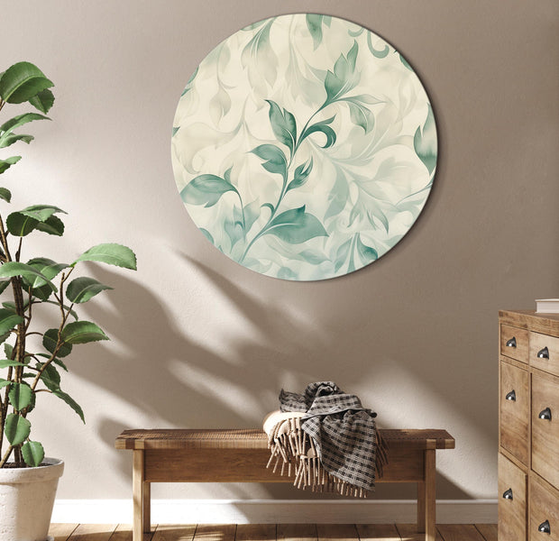 Round Canvas Print - Watercolor Botanical Motif: Delicate Green-Beige Leaves