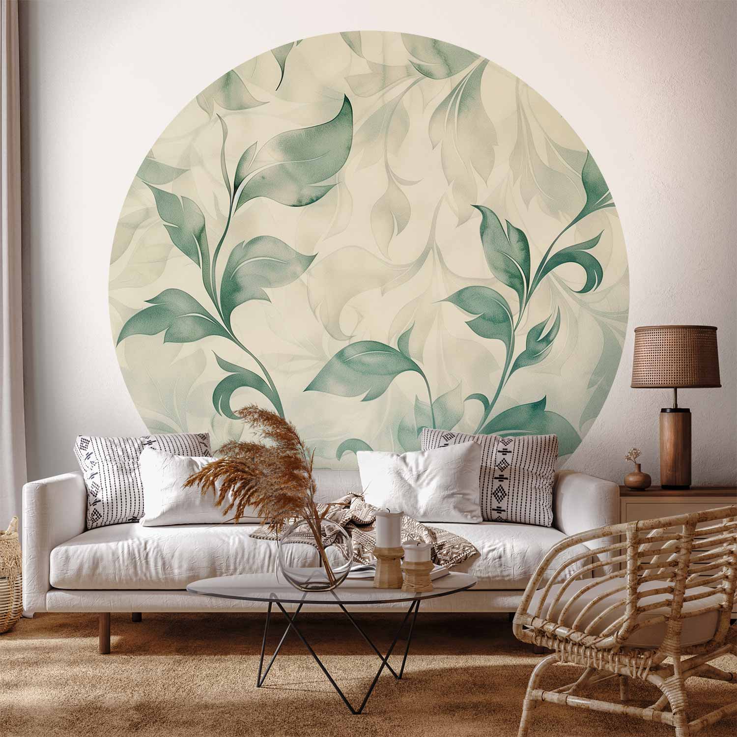 Round Wall Mural - Watercolour Green And Beige Leaves