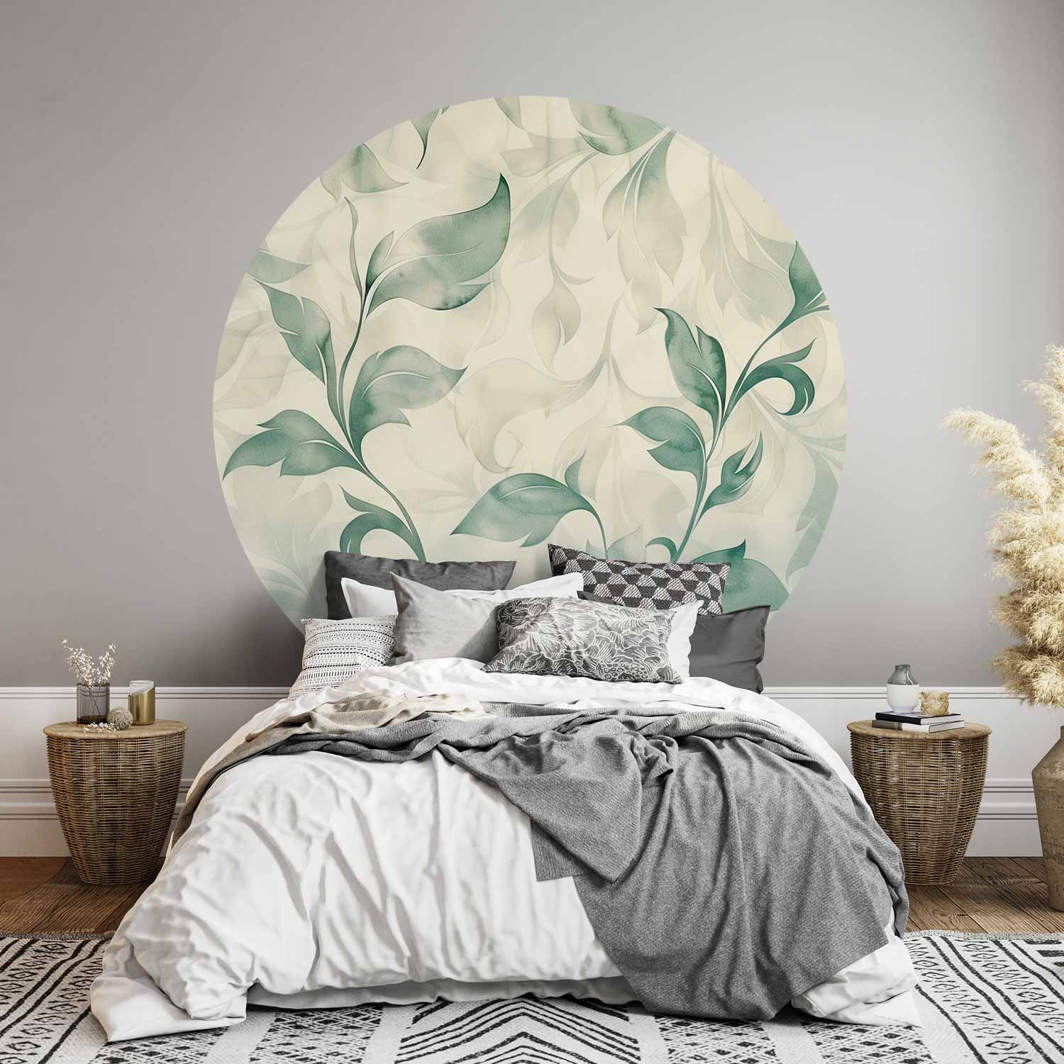 Round Wall Mural - Watercolour Green And Beige Leaves