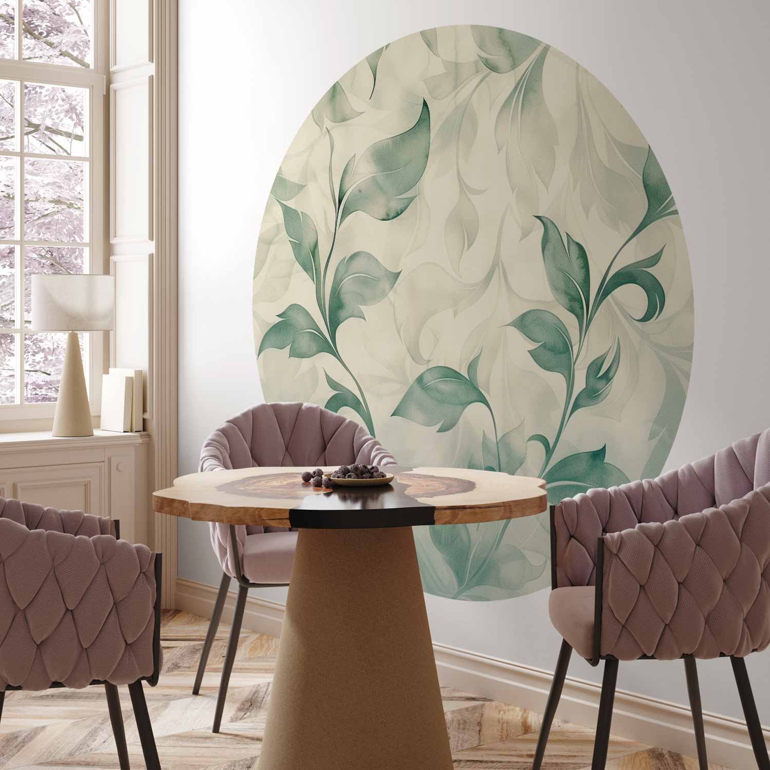 Round Wall Mural - Watercolour Green And Beige Leaves