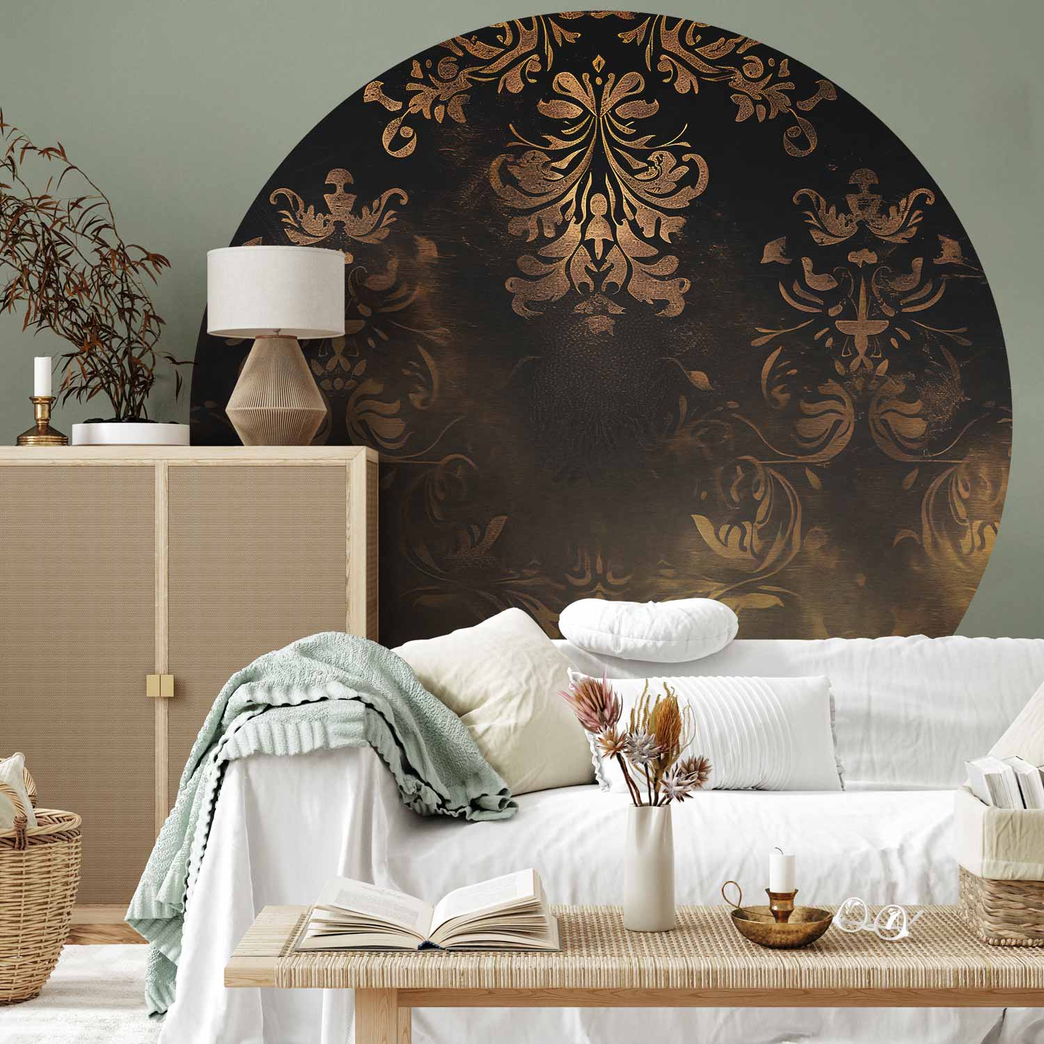 Round Wall Mural - Dark Baroque Patterns With Gold Accents