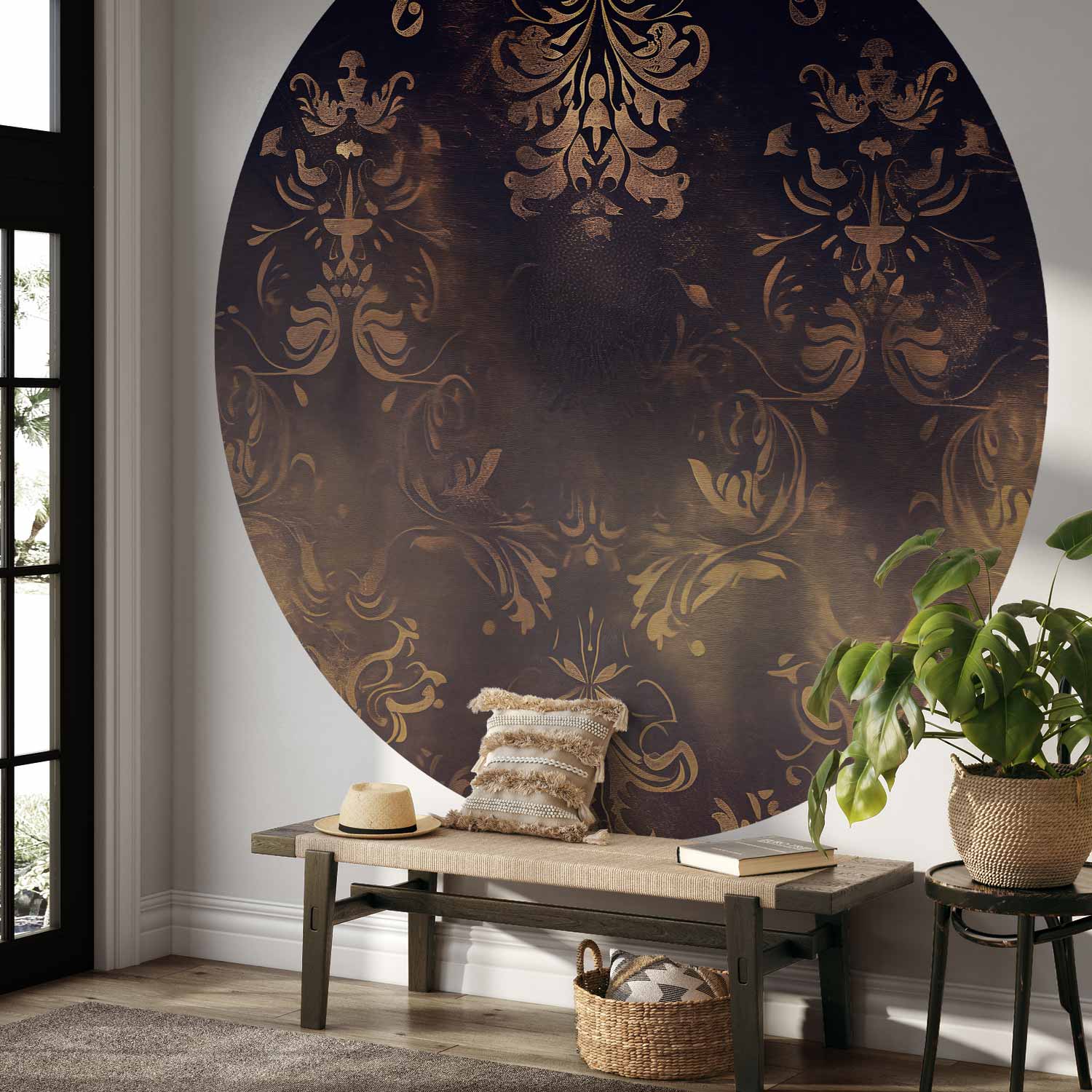 Round Wall Mural - Dark Baroque Patterns With Gold Accents