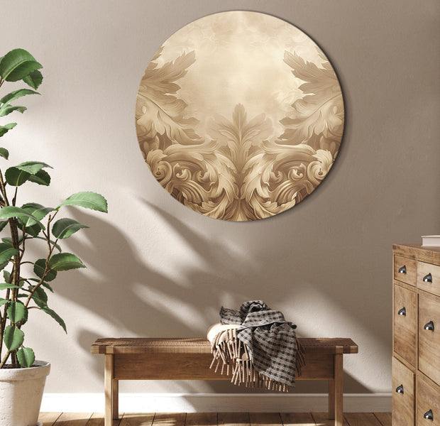 Round Canvas Print - Carved Baroque Ornaments Rich Composition in Sepia Colors