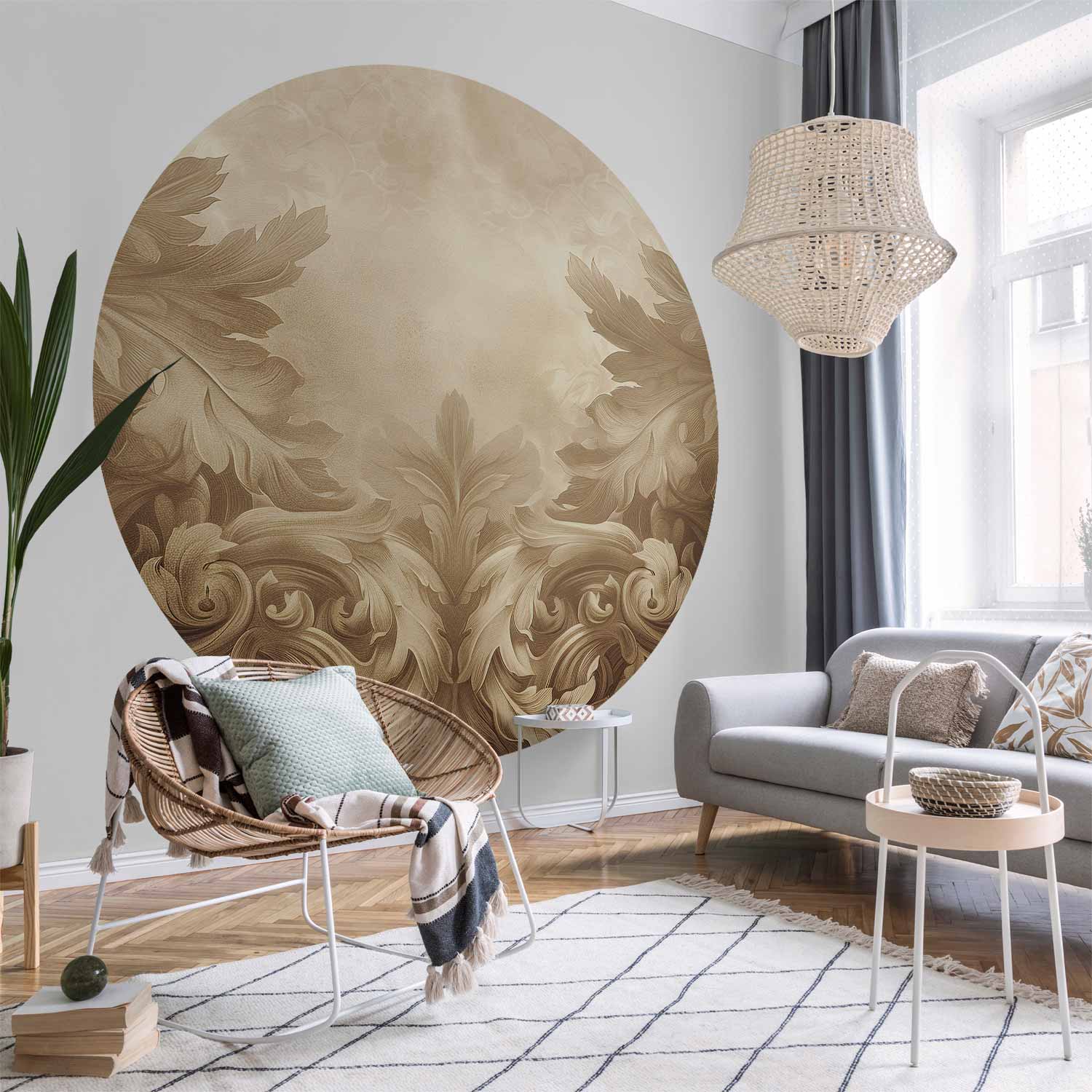 Round Wall Mural - Carved Ornaments In Shades Of Sepia