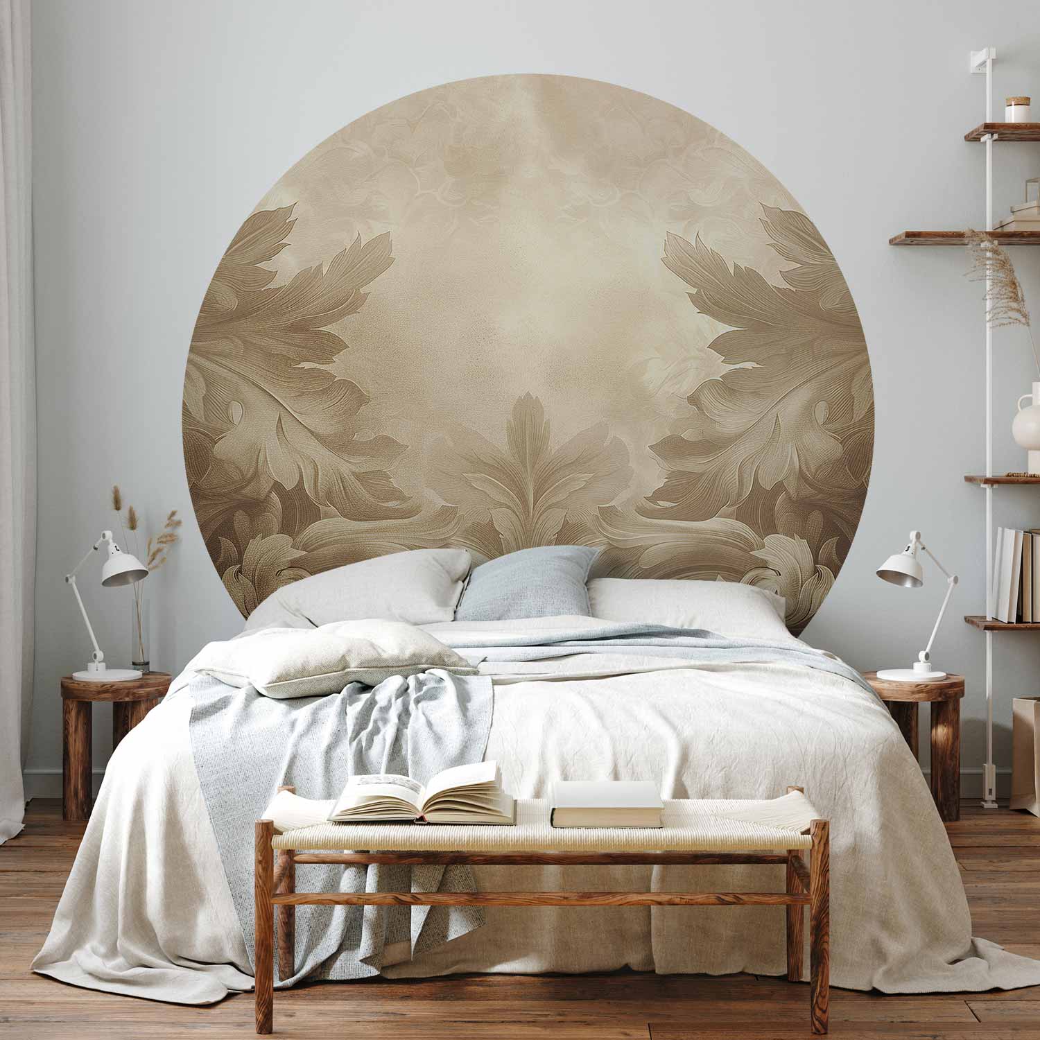Round Wall Mural - Carved Ornaments In Shades Of Sepia