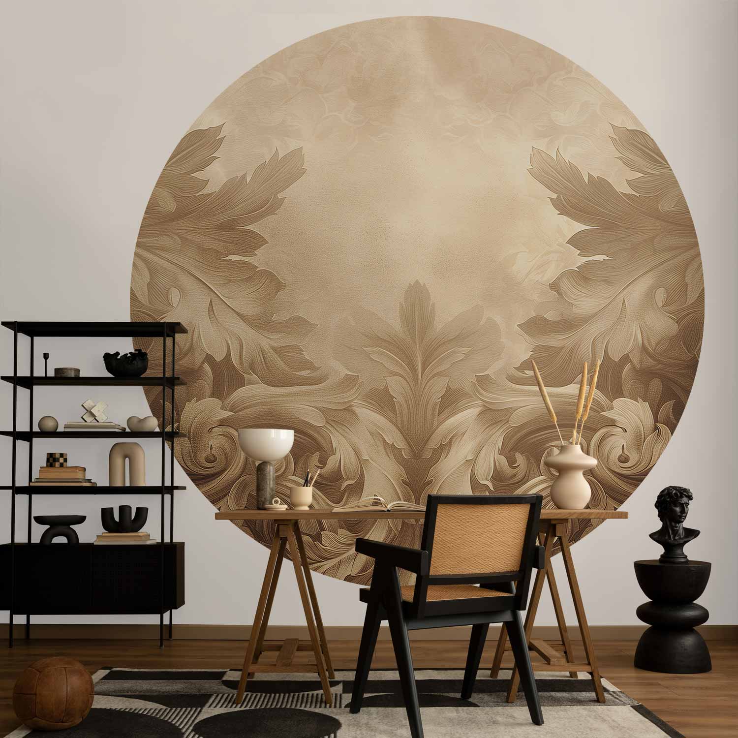 Round Wall Mural - Carved Ornaments In Shades Of Sepia