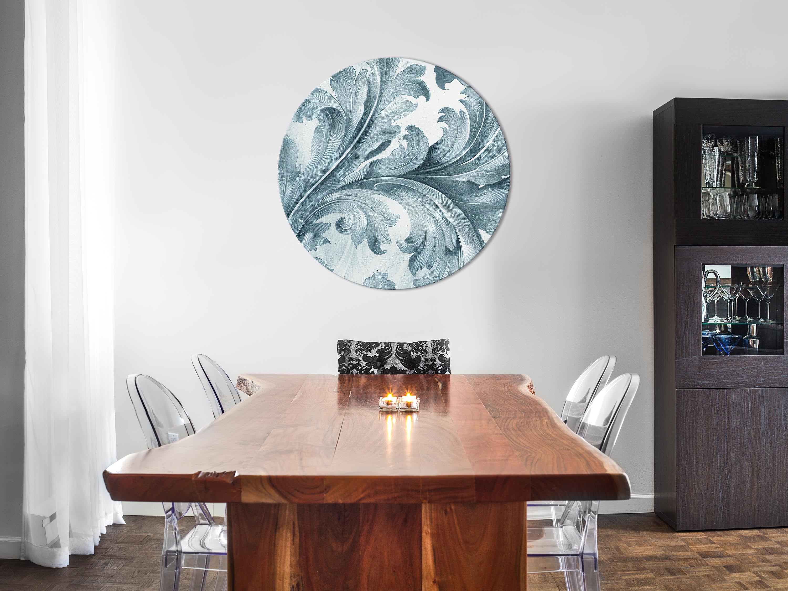 Round Canvas Print - Stone Baroque Ornaments in Light Shades of Gray-Blue