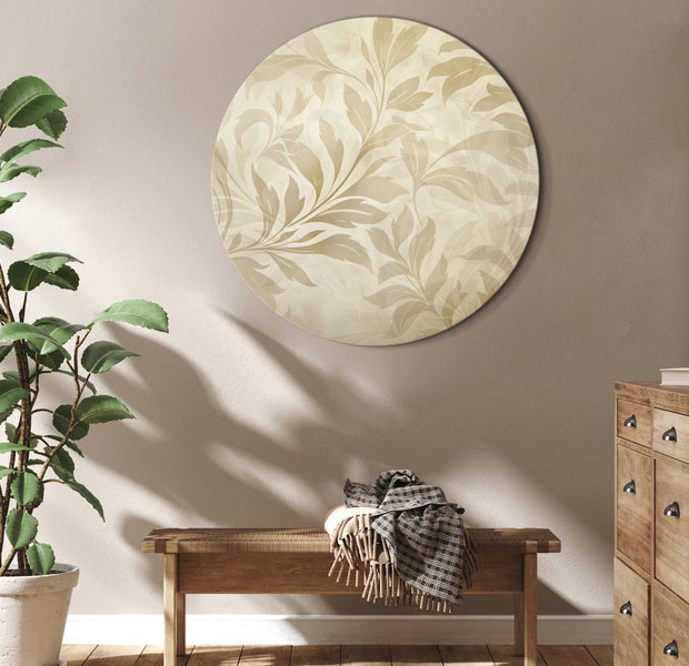 Round Canvas Print - Botanical Motif with Leaves and Vines in Sand Colors