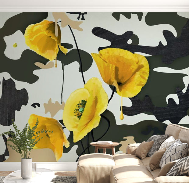 Floral Wallpaper Wall Mural - Abstract Yellow Flowers
