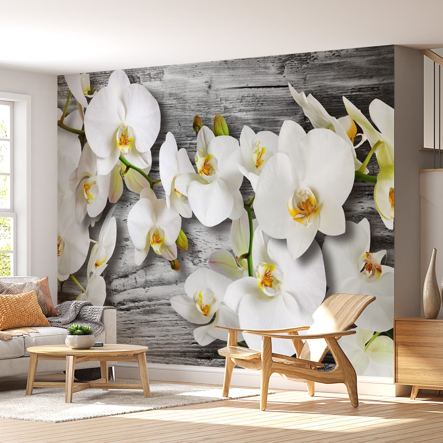 Floral Wallpaper Wall Mural - Orchid Flowers On Wood