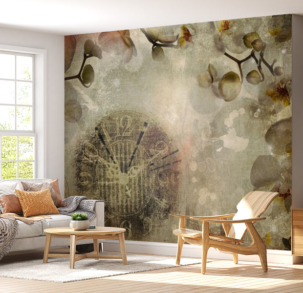 Floral Wallpaper Wall Mural - Clock Vintage