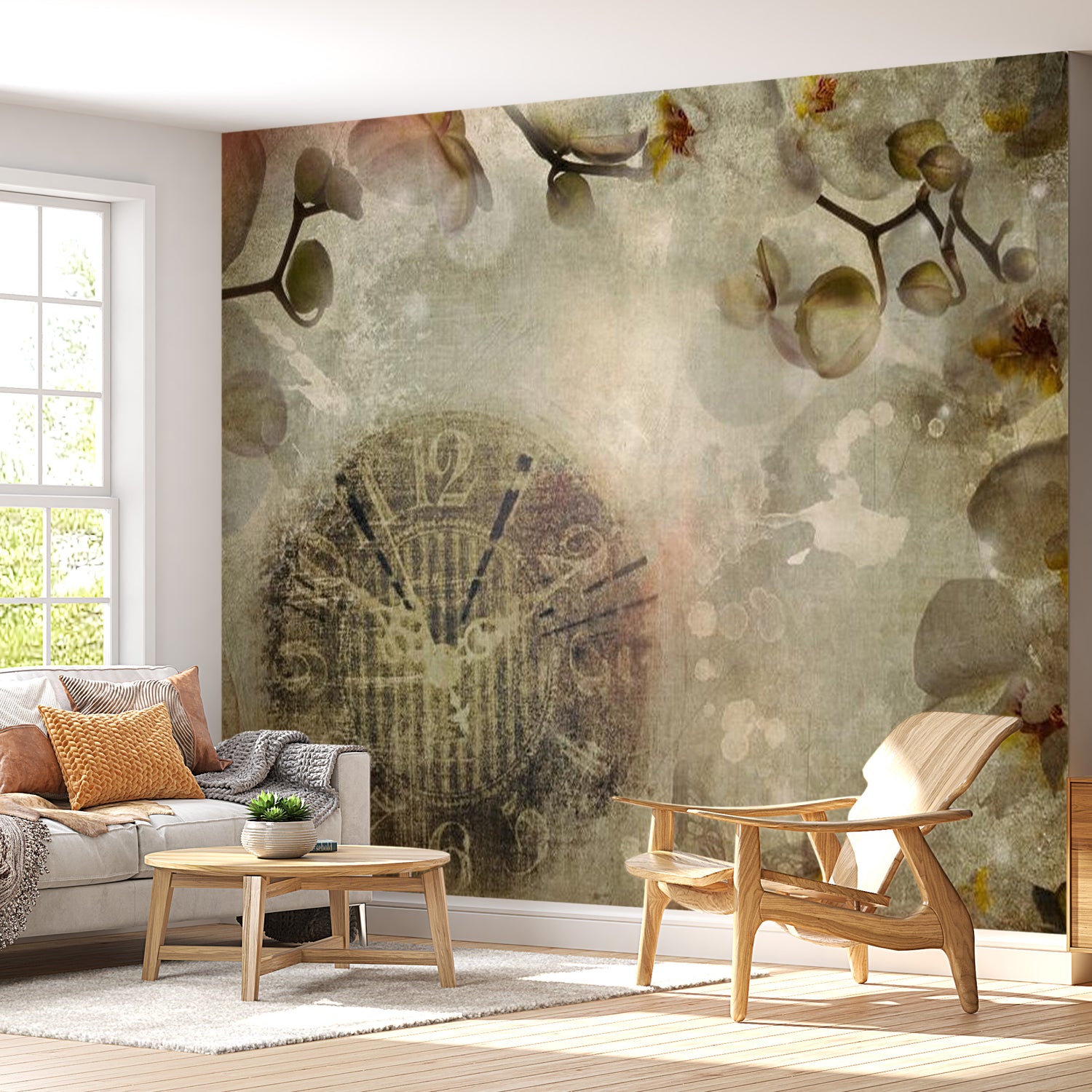 Floral Wallpaper Wall Mural - Clock Vintage