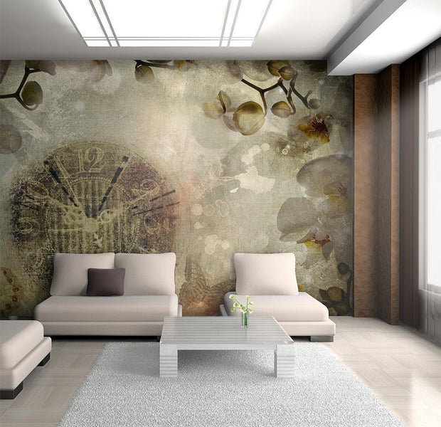 Floral Wallpaper Wall Mural - Clock Vintage