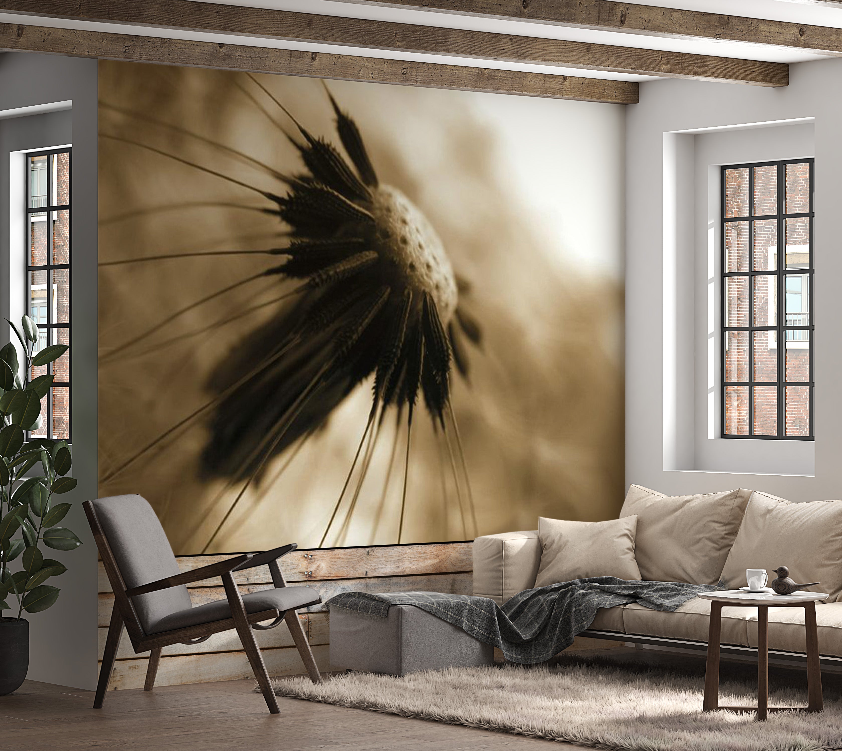 Floral Wallpaper Wall Mural - Dandelion in Sepia