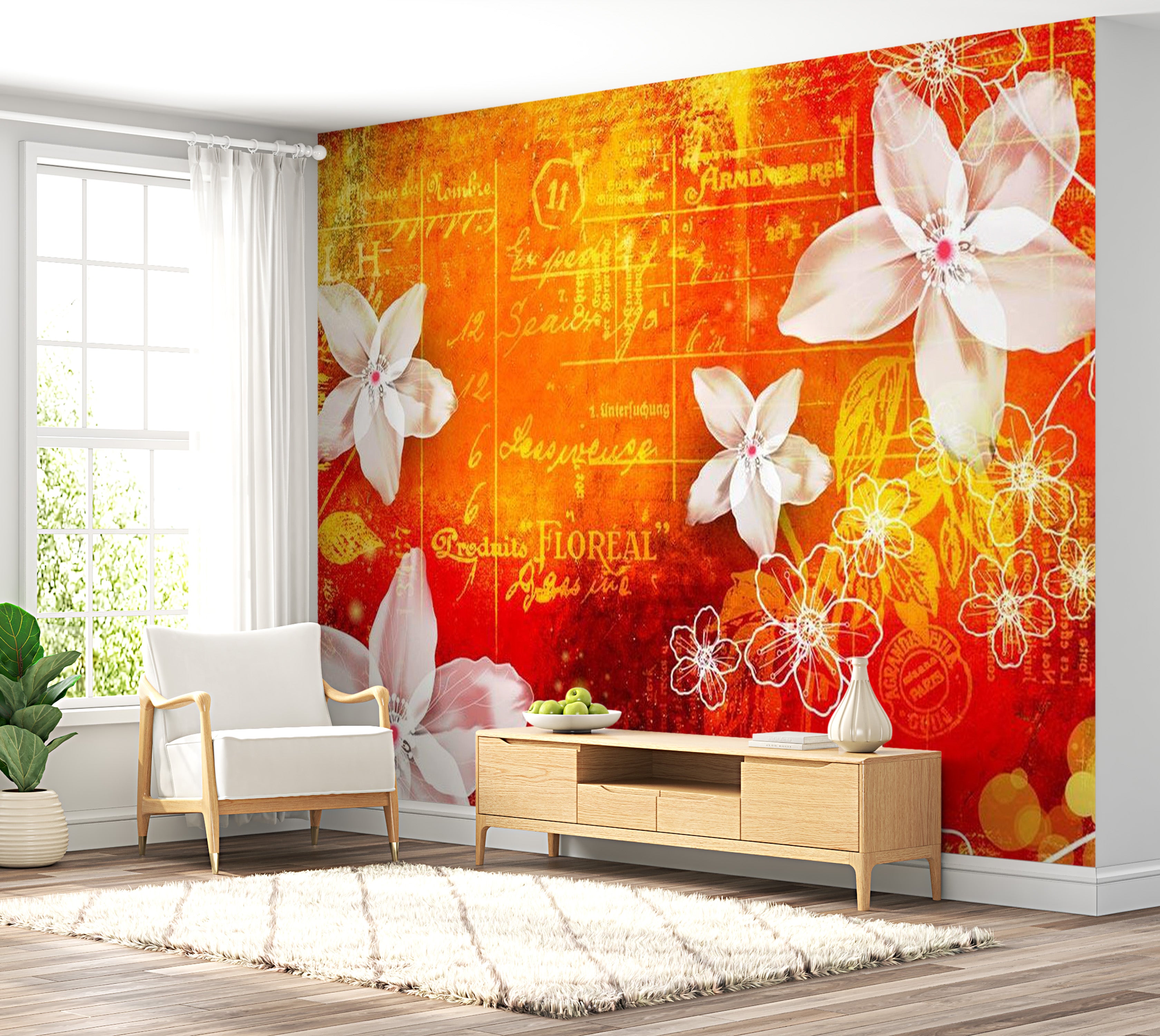 Floral Wallpaper Wall Mural - Floral Notes Orange