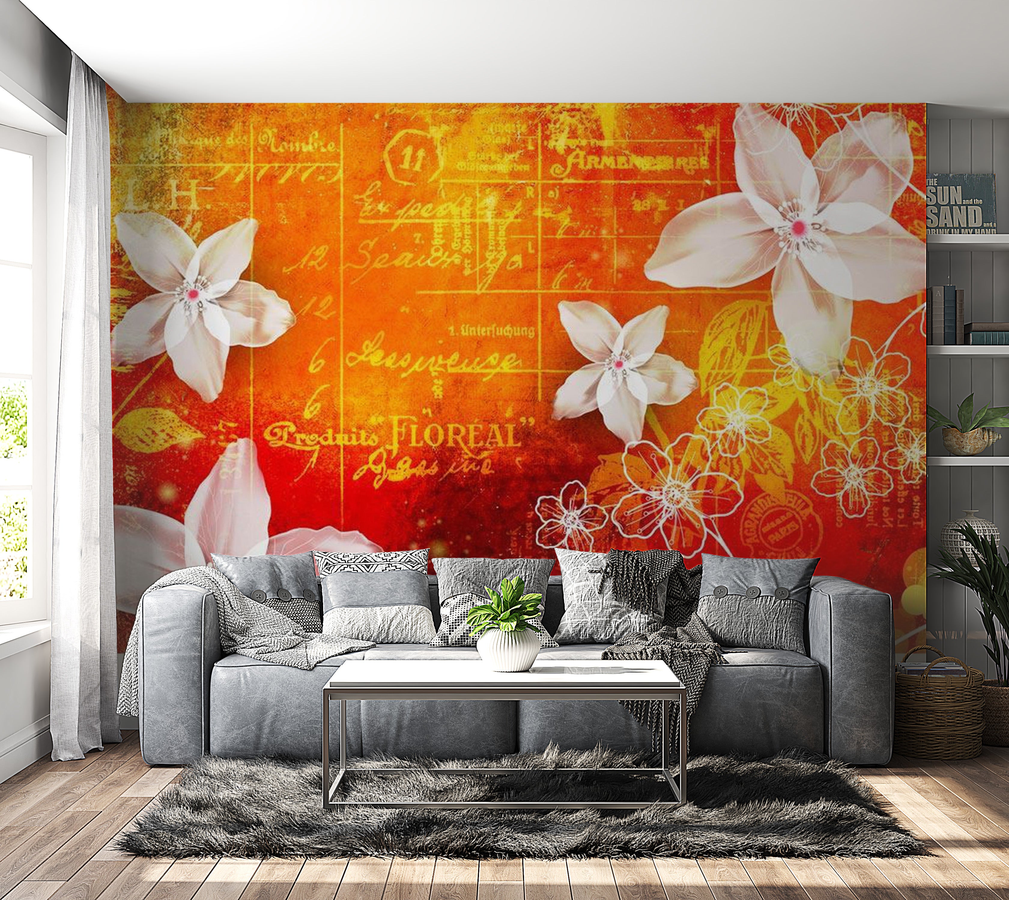 Floral Wallpaper Wall Mural - Floral Notes Orange