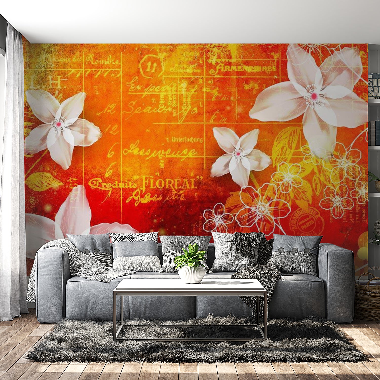 Floral Wallpaper Wall Mural - Floral Notes Orange