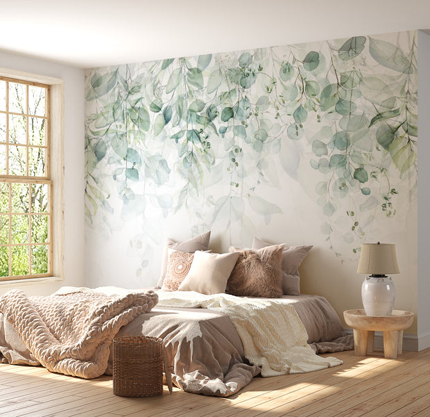Floral Wallpaper Wall Mural - Watercolor Leaves
