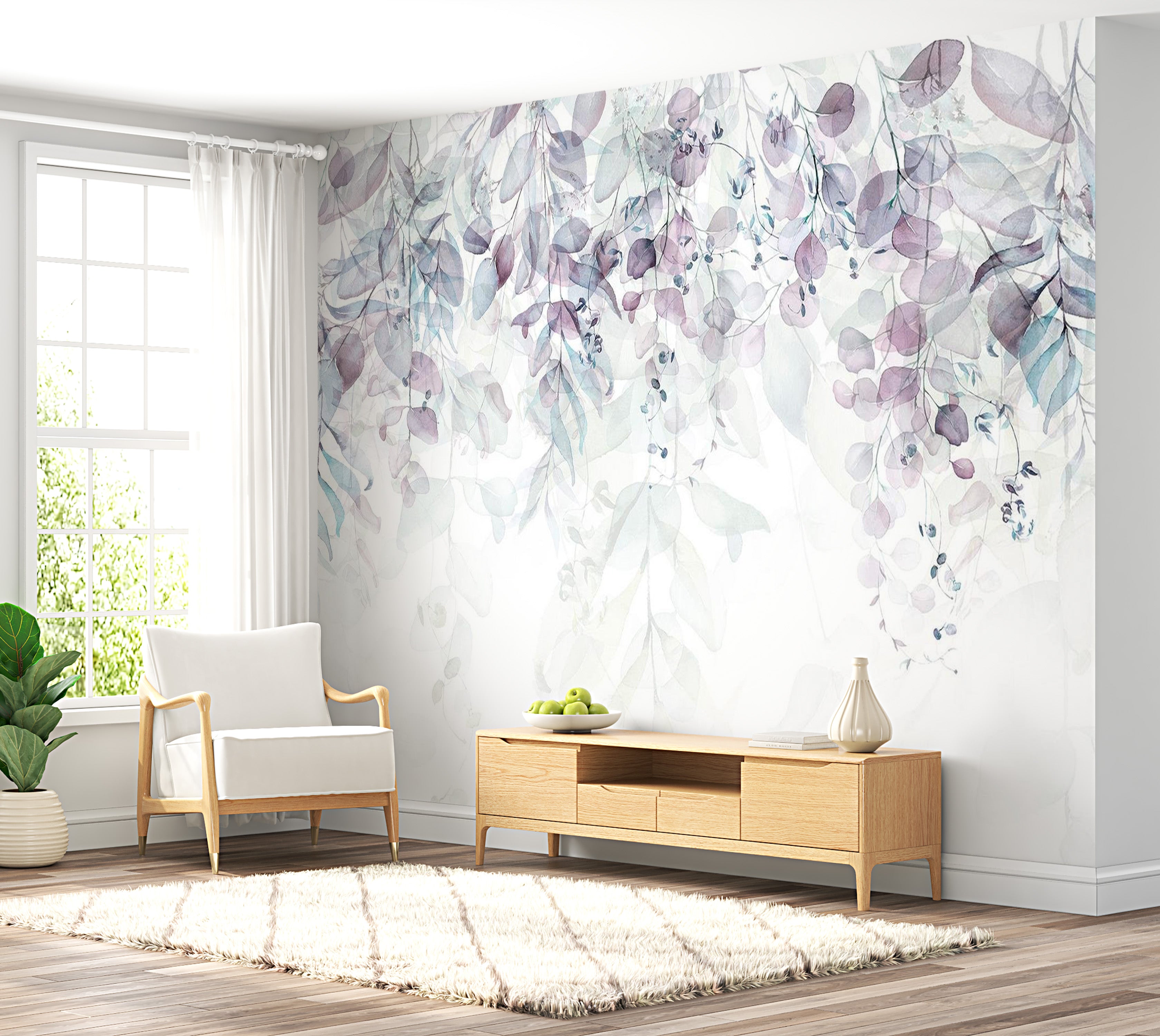 Floral Wallpaper Wall Mural - Watercolor Leaves Purple