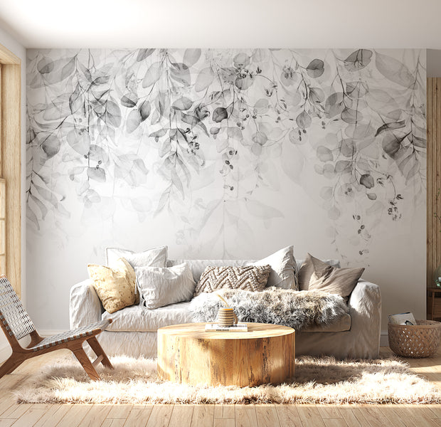 Floral Wallpaper Wall Mural - Watercolor Leaves Grey