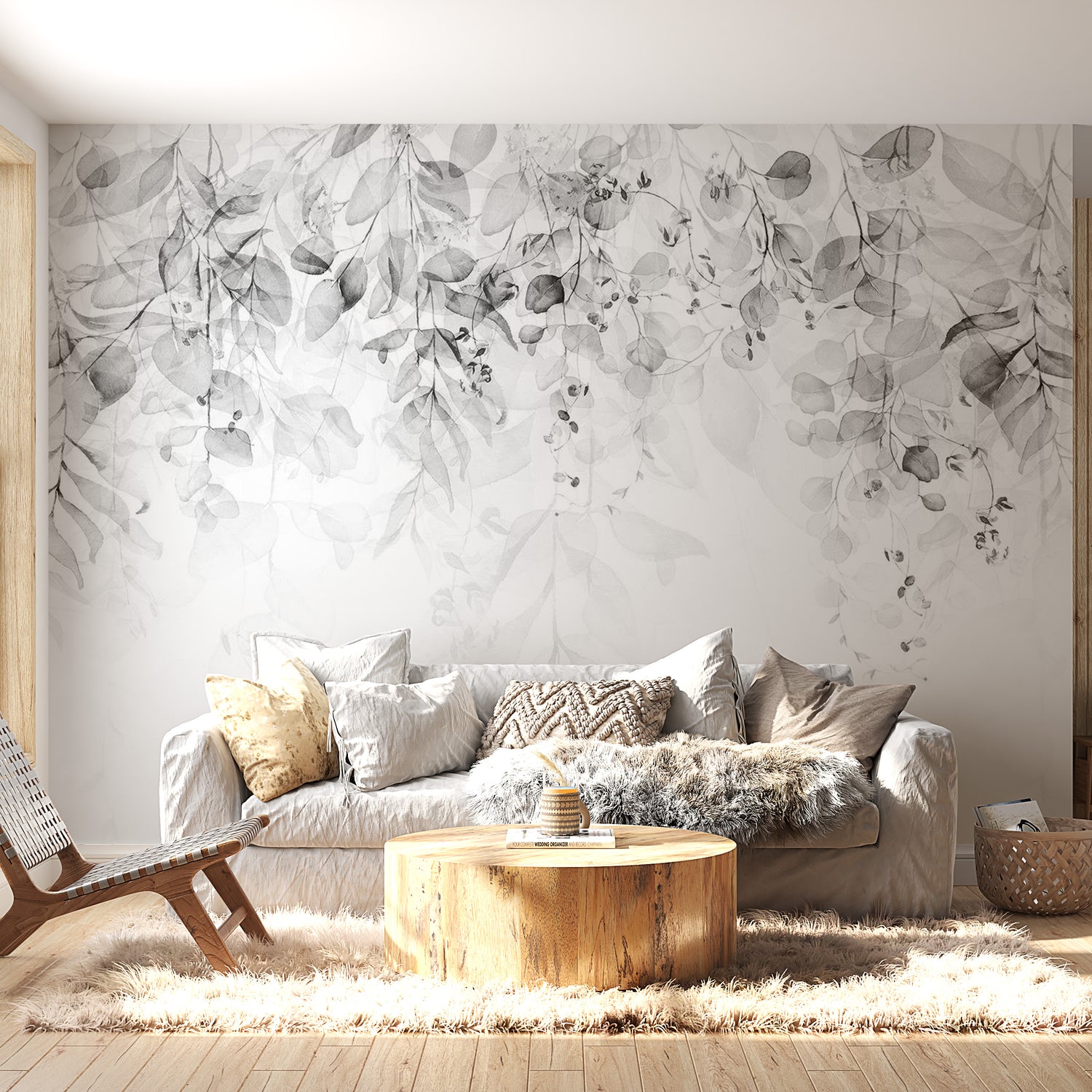 Floral Wallpaper Wall Mural - Watercolor Leaves Grey