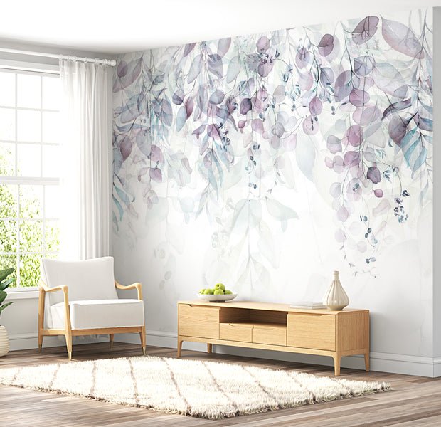 Floral Wallpaper Wall Mural - Watercolor Leaves Purple