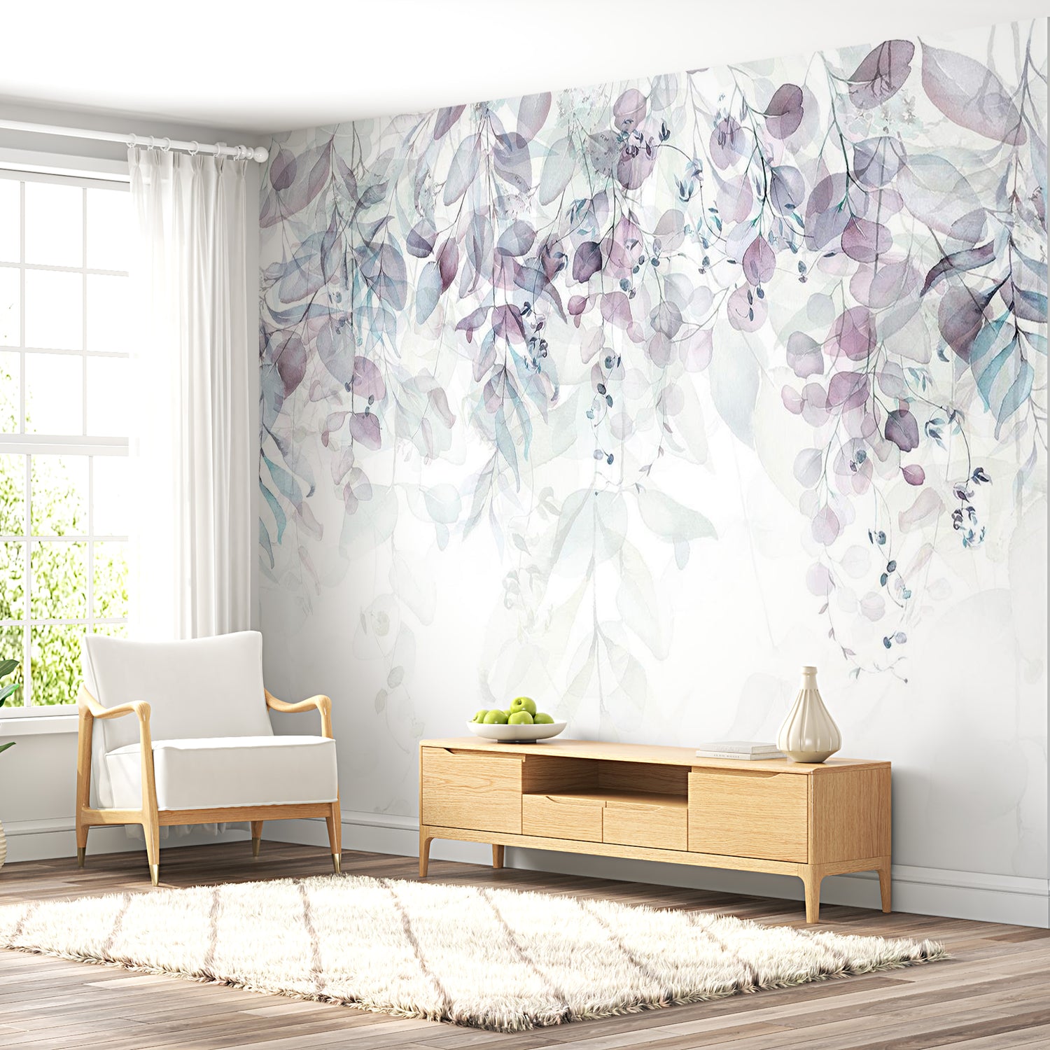 Floral Wallpaper Wall Mural - Watercolor Leaves Purple