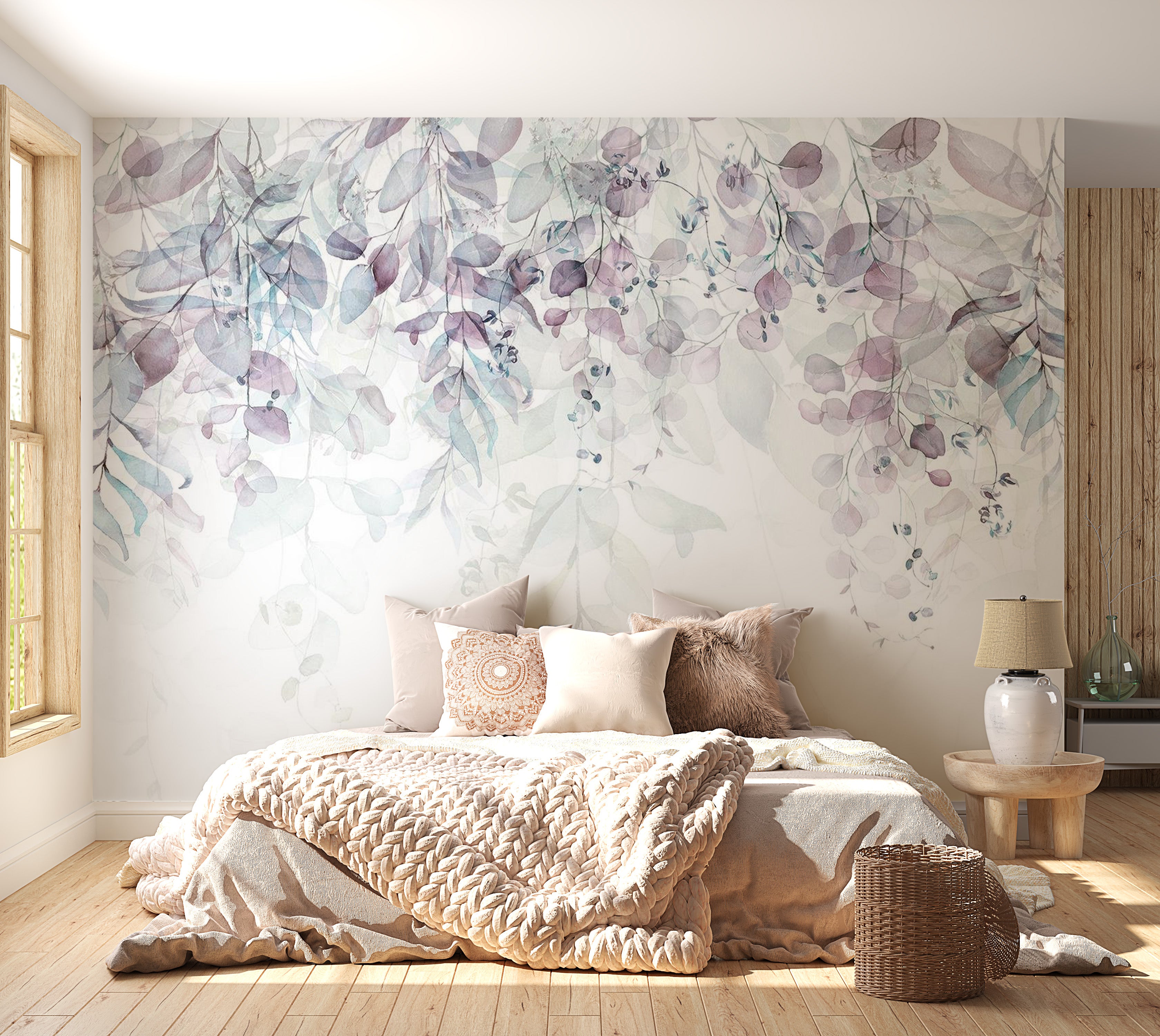 Floral Wallpaper Wall Mural - Watercolor Leaves Purple