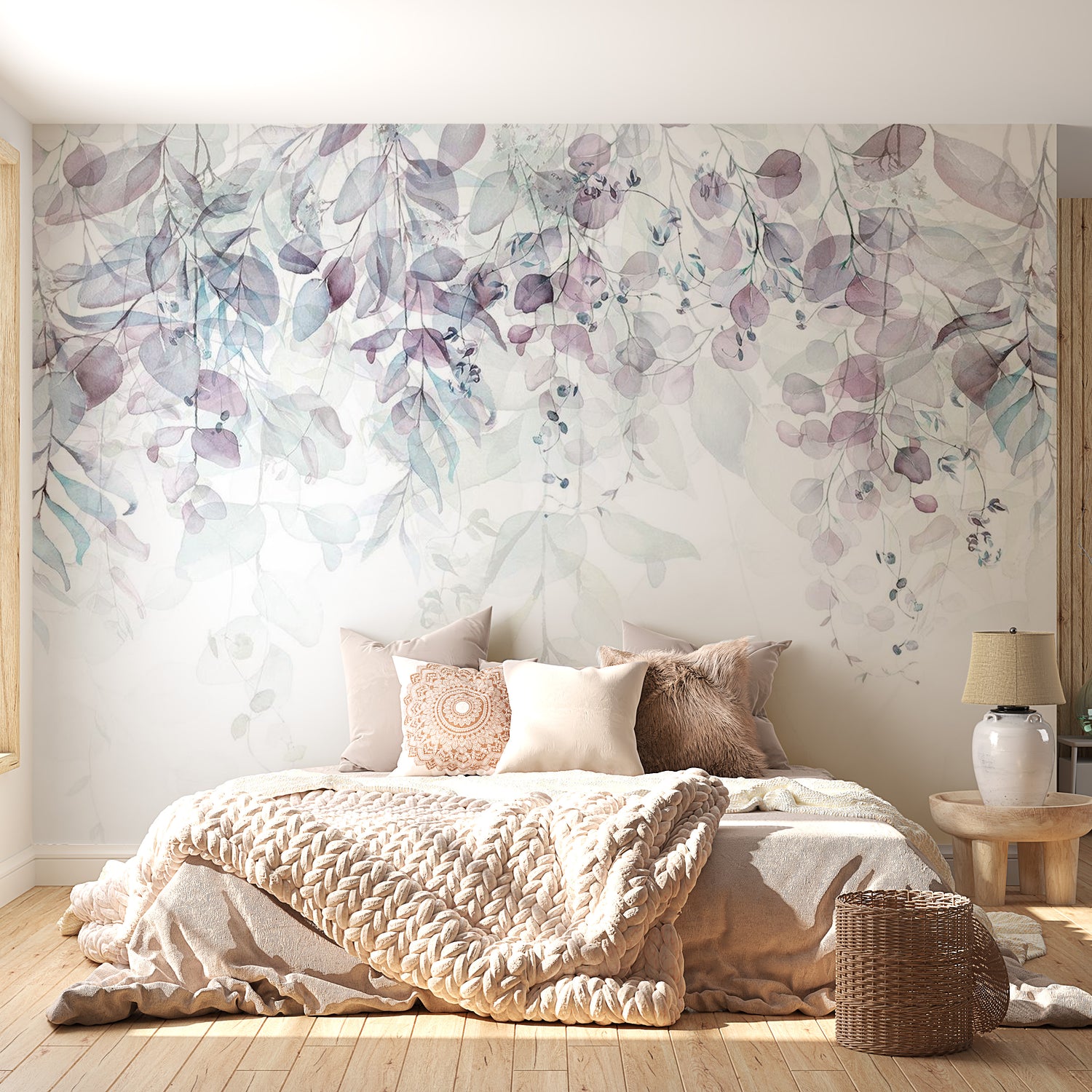 Floral Wallpaper Wall Mural - Watercolor Leaves Purple