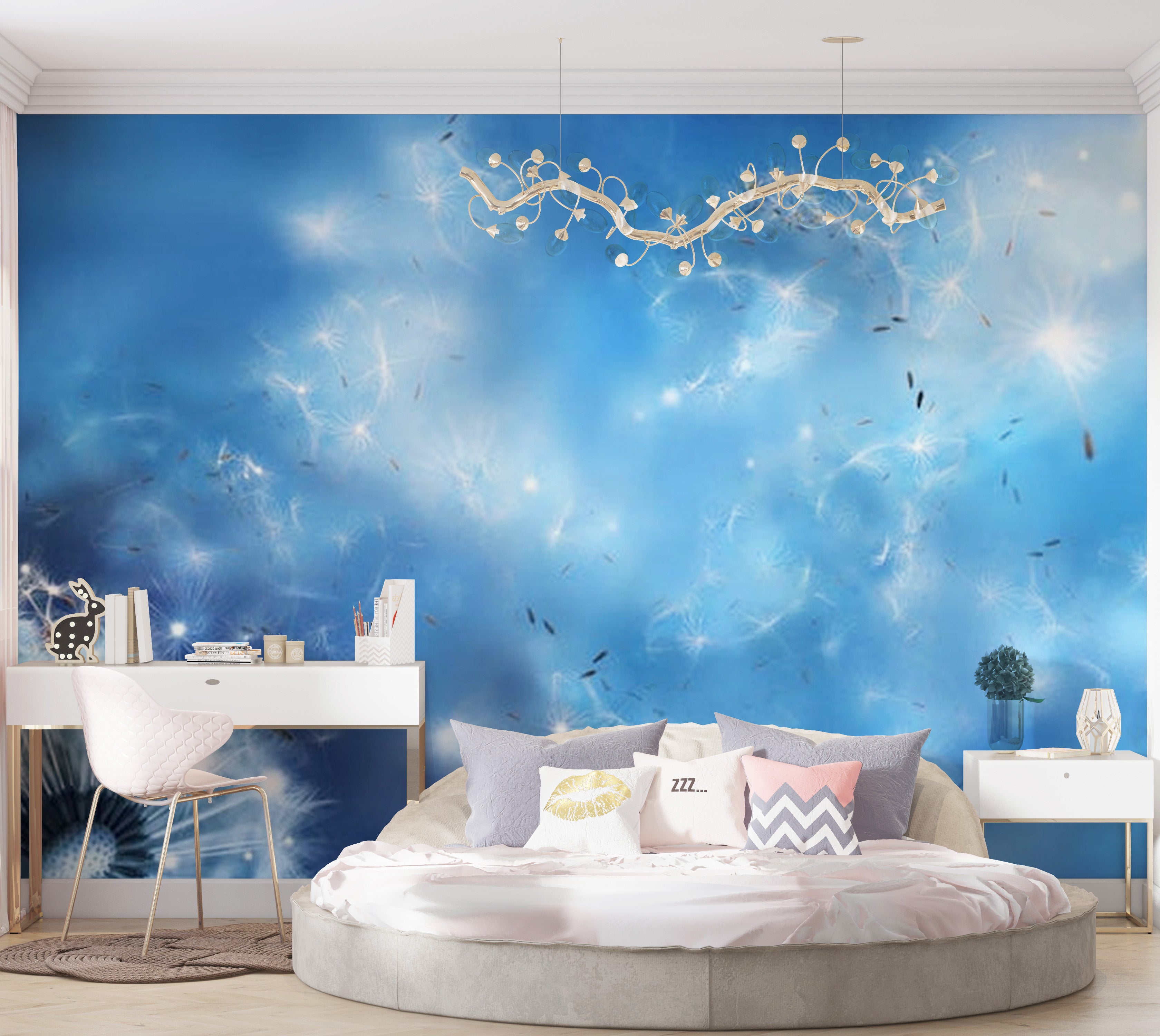 Floral Wallpaper Wall Mural - Blue Dandelion Magic