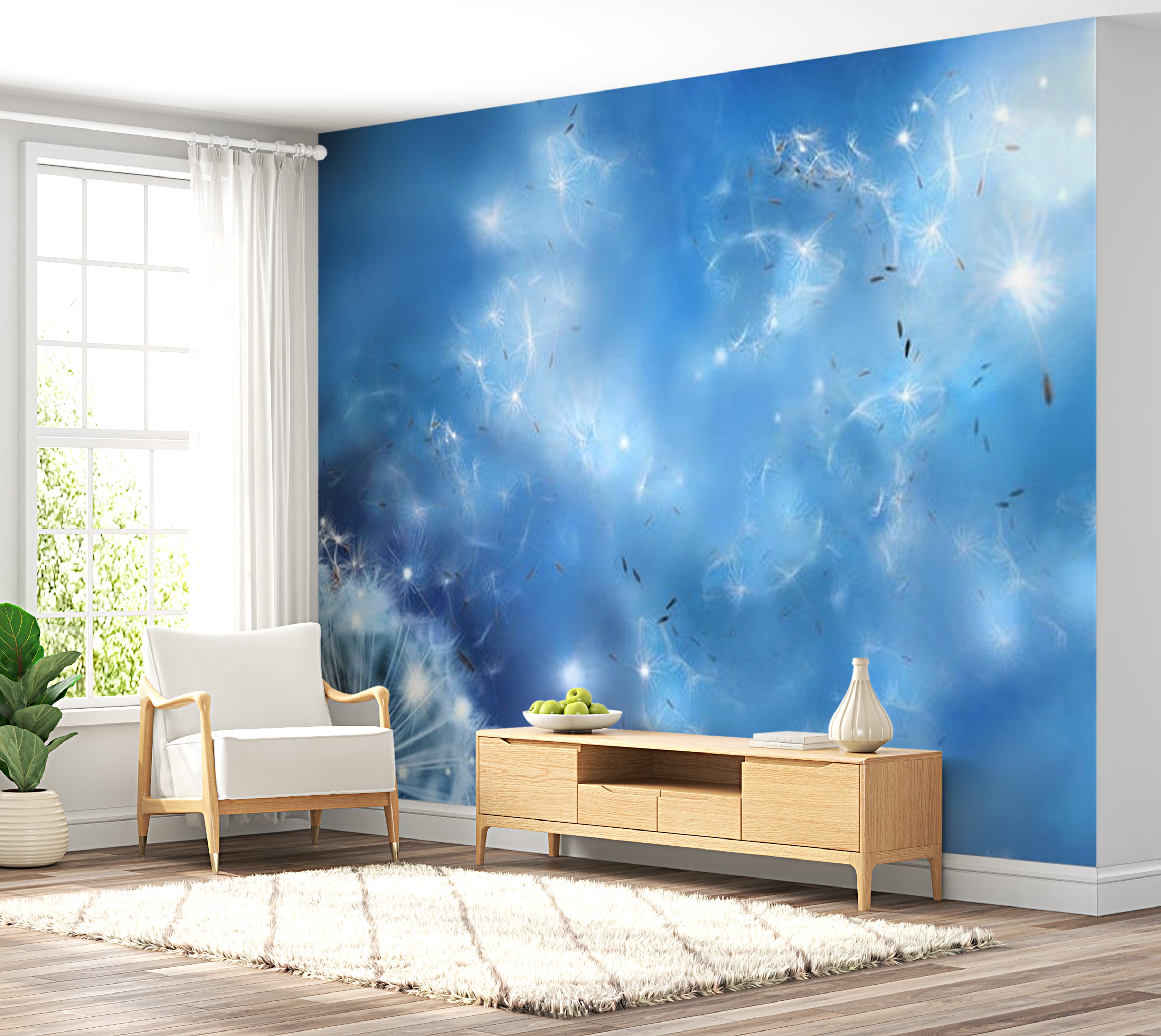 Floral Wallpaper Wall Mural - Blue Dandelion Magic